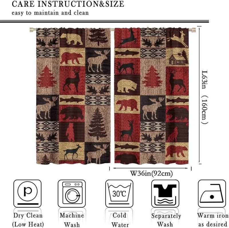 Kazynee Vintage Check Black Bear Rod Pocket Blackout Curtains for Living Room,Noise Reduction Rustic Country Farmhouse Cabin Elk Tree Plaid Window Treatment Drapes,2 Panels 63L x 36W - Image 2